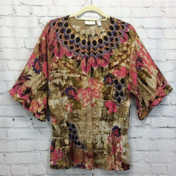 Chico's Blouse Women's Size 2 (M/12) Peacock Floral Print Beaded Elastic Waist - Picture 5 of 10
